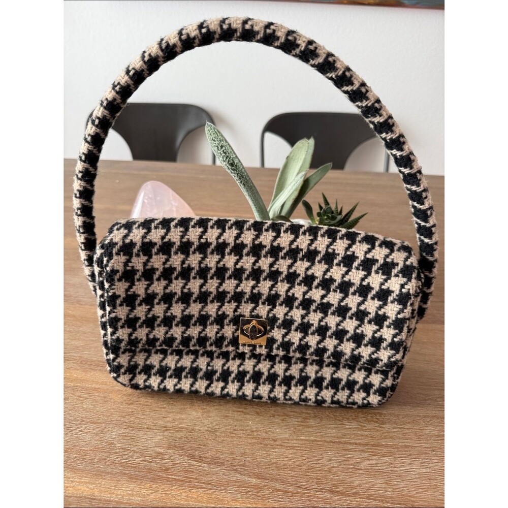 Anine Bing Nico Houndstooth Wool Blend Shoulder Bag Gold Turnlock Flap Purse